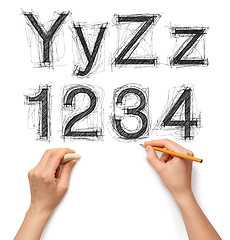 Image showing sketch letters and numbers with hand and pencil