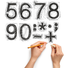 Image showing sketch letters and numbers with hand and pencil