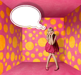 Image showing surprised blonde in pink dress with thought bubble