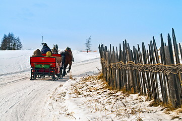 Image showing Horse sledge in action in winter landscape