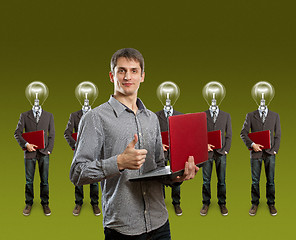 Image showing lamp head businesspeople with laptop