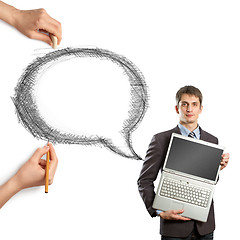 Image showing human hands with speech bubble and man