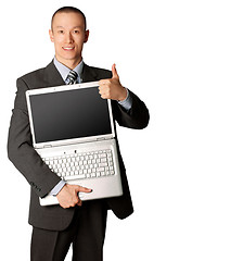 Image showing businessman with open laptop shows welldone