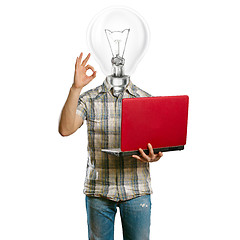Image showing casual lamp-head with laptop shows OK