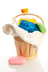 Image showing bucket with towel, soap, showering gel and mop