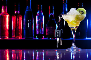 Image showing Don't drive after drink - car keys and the cocktail glass