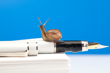 Image showing Cute snail on the fountain pen