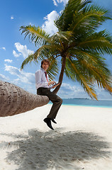 Image showing Businessman with tablet pc sitting on palm tree