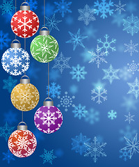 Image showing Hanging Ornaments on Blurred Snowflakes Background