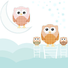 Image showing Card with family owls on sky over cloud