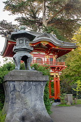 Image showing Bronze Lantern by Pagoda in Japanese Garden