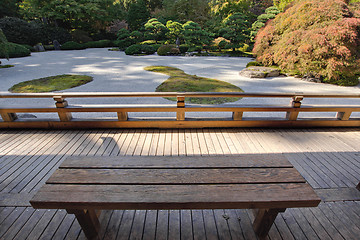 Image showing View of Japanese Sand Garden from Wooden Bench