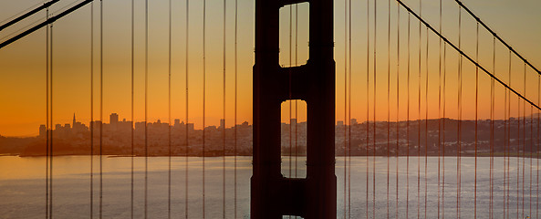 Image showing Sunrise over San Francisco Bay through Golden Gate Bridge