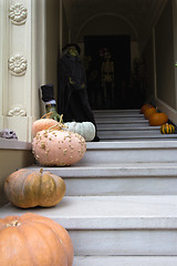 Image showing Halloween Decoration in Front of House with Witch