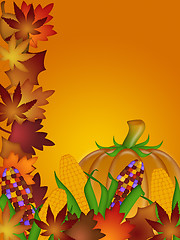 Image showing Pumpkin Ornamental Corn and Fall Leaves