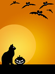 Image showing Halloween Carved Pumpkin Cat Moon and Bats