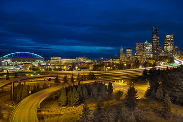 Image showing Seattle Downtown Skyline and Freeway at Twilight