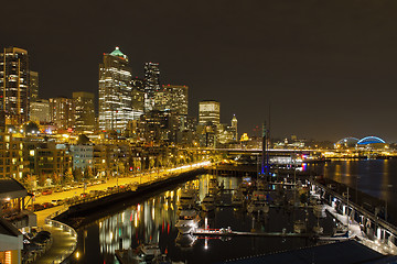 Image showing Seattle Downtown Waterfront Skyline at Night Reflection