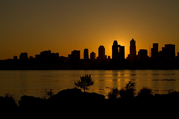 Image showing Sunrise over Seattle Skyline along Puget Sound