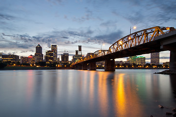 Image showing Portland Skyline and Hawthorne Bridge at Sunset