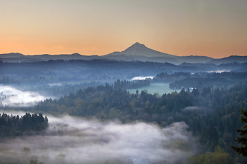Image showing Foggy Sunrise Over Sandy River and Mount Hood