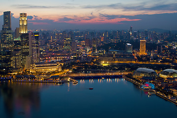 Image showing Singapore Skyline and Marina Bat Esplanade at Sunset