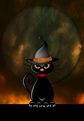 Image showing Halloween Cat with Witches and Spooky Moon Moon