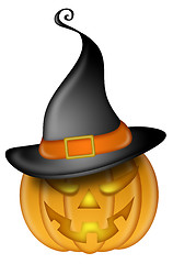 Image showing Halloween Carved Pumpkin with Hat Isolated on White Background