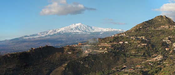 Image showing Snow peak of Etna volcano, Sicily, seen from Taormina