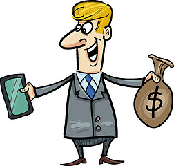 Image showing businessman with tablet and sack of dollars