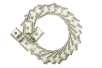 Image showing Arrow of dollars on white