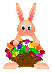 Image showing Happy Easter Bunny Rabbit  with Colorful Tulips Basket Illustrat