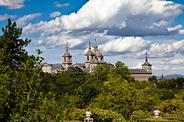 Image showing San Lorenzo de El Escorial Monastery Spires, Spain on a Sunny Day