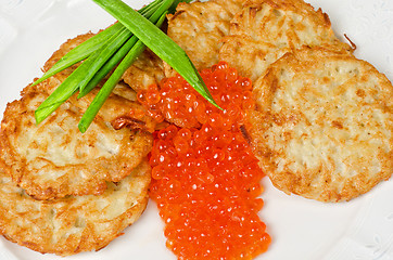 Image showing pancakes with red caviar