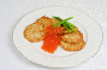 Image showing pancakes with red caviar