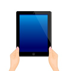 Image showing Illustration of the turned on computer tablet in a hand of the w