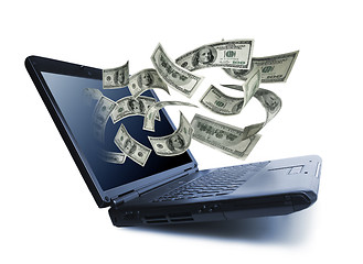 Image showing Money pouring out from a notebook computer