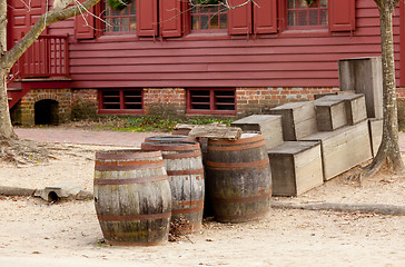 Image showing Old oak barrels in the street