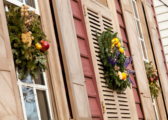 Image showing Traditional xmas wreath on front door