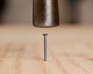 Image showing Nail being hit into wood by hammer