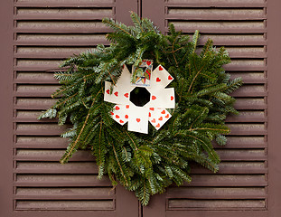 Image showing Traditional xmas wreath on front door