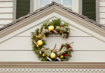 Image showing Traditional xmas wreath above front door