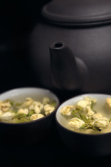 Image showing chinese jasmine tea pot and cups