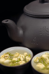 Image showing chinese jasmine tea pot and cups