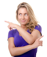 Image showing blonde young woman makes a gesture  pointing