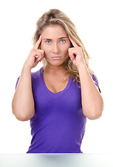 Image showing blonde young woman wish doubt or headache