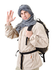 Image showing tourist hiding his head under a shawl