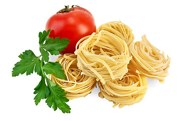 Image showing Noodles twisted with tomato and parsley