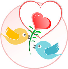 Image showing red love bird with heart balloons over beige vector background