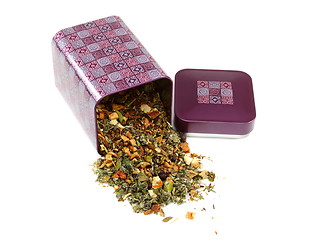 Image showing Set of dried herbs, fruits and spices for tea in a box.